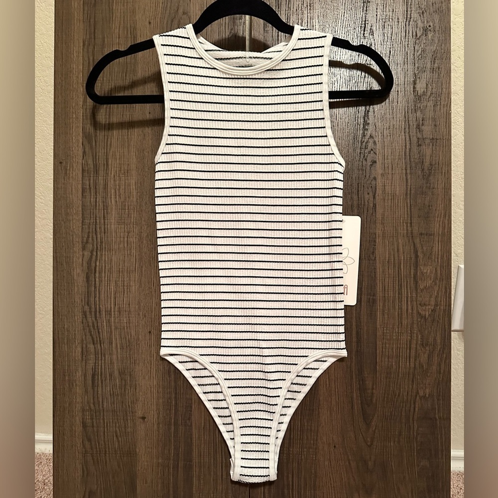 NWT- S/M Aura blue and white striped sleeveless bodysuit